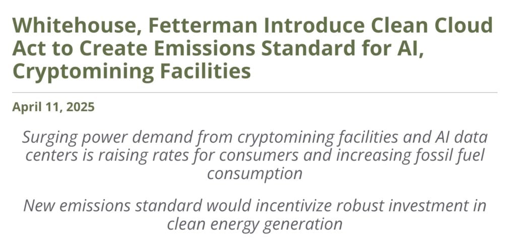 डेमोक्रेटिक पार्टी ने "क्लीन क्लाउड एक्ट" का प्रस्ताव रखा हरित ऊर्जा को अपनाने के लिए अमेरिकी बिटकॉइन खनन कंपनियों और एआई कंप्यूटिंग केंद्रों की आवश्यकता है: 2035 तक शून्य कार्बन उत्सर्जन प्राप्त करें"><figcaption id="caption-attachment-412772" class="elhrky">स्रोत: www.epw.senate.gov</figcaption></figure><h3>बिल का मुख्य तंत्र: क्षेत्रीय उत्सर्जन सीमा और वार्षिक कटौती</h3><p>के अनुसार मसौदे की सामग्री, बिल वर्तमान "स्वच्छ वायु अधिनियम" (स्वच्छ वायु अधिनियम) में संशोधन करेगा। आगे बढ़ते हुए, क्रिप्टोक्यूरेंसी खनन फार्म और एआई कंप्यूटिंग केंद्रों सहित 100 किलोवाट (किलोवाट) से अधिक ऊर्जा क्षमता वाले सभी डेटा केंद्रों को क्षेत्र-विशिष्ट उत्सर्जन सीमाओं का पालन करना होगा। </p><p>इन सीमाओं के मानक अमेरिकी ऊर्जा विभाग द्वारा प्रकाशित नेशनल ट्रांसमिशन रिक्वायरमेंट्स स्टडी में परिभाषित विभिन्न बिजली क्षेत्रों की विशेषताओं पर आधारित होंगे। इसका मतलब यह है कि प्रत्येक क्षेत्र में ऊर्जा संरचनाओं और पावर ग्रिड में अंतर को ध्यान में रखते हुए, विभिन्न क्षेत्रों में सुविधाओं को अलग-अलग उत्सर्जन कटौती दबाव का सामना करना पड़ेगा। </p><p>बिल में कहा गया है कि <strong>प्रत्येक क्षेत्र के लिए विशिष्ट उत्सर्जन सीमा 2025 के अंत से पहले निर्धारित की जाएगी। इसके बाद, 2035 में शून्य उत्सर्जन तक पहुंचने तक सीमा को हर साल 11% कम किया जाएगा। </strong>उत्सर्जन सीमा को पूरा करने में विफल रहने वाली कंपनियों के लिए, उनके अतिरिक्त उत्सर्जन के आधार पर मुद्रास्फीति-समायोजित जुर्माना लगाया जाएगा। </p><p>यह ध्यान देने योग्य है कि मसौदा स्पष्ट रूप से संबंधित कंपनियों को अपने ग्राहकों पर इन जुर्माना लागतों को डालने से रोकता है, यह सुनिश्चित करते हुए कि कंपनियां स्वयं पर्यावरणीय जिम्मेदारियां लेती हैं। </p><h3>सख्त रिपोर्टिंग दायित्व और जिम्मेदारियां</h3><p>विस्तृत वार्षिक रिपोर्ट प्रस्तुत करने के लिए प्रासंगिक सुविधाओं की आवश्यकता के अलावा, रिपोर्ट में उनकी कुल बिजली खपत और बिजली स्रोतों (नवीकरणीय ऊर्जा और जीवाश्म ईंधन का अनुपात) जैसे प्रमुख डेटा शामिल होना चाहिए। </p><p>एक उल्लेखनीय विवरण यह है कि बिल जुर्माना भरने की जिम्मेदारी सुविधा मालिक के बजाय "पट्टे पर दी गई सुविधा के पट्टेदार" पर डालता है। इसका मतलब यह है कि खनन या एआई कंप्यूटिंग के लिए सर्वर स्थान किराए पर लेने वाले व्यक्तियों या कंपनियों को भी बिल के दायरे का विस्तार करते हुए रिपोर्टिंग आवश्यकताओं और संभावित जुर्माने में शामिल किया जा सकता है। </p><p>अच्छे पक्ष को देखते हुए, यदि बिल पारित हो जाता है, तो यह क्लाउड सेवा प्रदाताओं और डेटा सेंटर ऑपरेटरों को पर्यावरण नियमों के प्रति संवेदनशील ग्राहकों को आकर्षित करने के लिए अधिक सक्रिय रूप से हरित ऊर्जा समाधान खोजने के लिए प्रेरित करेगा। लेकिन यह छोटे खिलाड़ियों के लिए एक बड़ी चुनौती पैदा कर सकता है, जिनके पास ऊर्जा परिवर्तन करने या जटिल नियामक अनुपालन आवश्यकताओं से निपटने के लिए बड़ी कंपनियों के संसाधनों की कमी हो सकती है। </p><h3>एन्क्रिप्शन खनन उद्योग ने बड़ी मात्रा में नवीकरणीय ऊर्जा को अपनाया है</h3><p>पिछले साल के अंत के आंकड़ों के अनुसार, वैश्विक बिटकॉइन खनन नेटवर्क द्वारा उपयोग की जाने वाली 50% से अधिक ऊर्जा वास्तव में पानी, हवा और सौर ऊर्जा जैसे नवीकरणीय ऊर्जा स्रोतों से आती है। आइसलैंड और क्यूबेक, कनाडा जैसे प्रचुर और सस्ती हरित ऊर्जा वाले क्षेत्र खनिकों के लिए लोकप्रिय विकल्प बन गए हैं। </p><p>यदि भविष्य में "क्लीन क्लाउड एक्ट" वास्तव में पारित हो जाता है, तो खनन कंपनियां और एआई कंप्यूटिंग केंद्र निस्संदेह नवीकरणीय ऊर्जा को अपनाने की गति में तेजी लाएंगे, और उन कंपनियों को खत्म कर सकते हैं जो अनुकूलन करने में असमर्थ या अनिच्छुक हैं। </p><p>कुल मिलाकर, मसौदा काफी आक्रामक उत्सर्जन कटौती कार्यक्रम है, जो संबंधित कंपनियों को जल्द से जल्द ऊर्जा परिवर्तन रणनीतियों की योजना बनाने के लिए मजबूर करता है। हालाँकि, ट्रम्प प्रशासन के संदर्भ में, उन्होंने बार-बार कहा है कि ग्लोबल वार्मिंग का कार्बन उत्सर्जन से कोई लेना-देना नहीं है। इस बिल को कांग्रेस में रिपब्लिकन के विरोध का सामना करना पड़ेगा (रिपब्लिकन तर्क दे सकते हैं कि अत्यधिक कड़े पर्यावरण नियम नवाचार को रोक देंगे और क्रिप्टोकरेंसी और एआई के दो अग्रणी क्षेत्रों में संयुक्त राज्य अमेरिका की प्रतिस्पर्धात्मकता को कमजोर कर देंगे)। यह भविष्य में पारित होगा या नहीं यह अभी भी अनिश्चित है। </p>